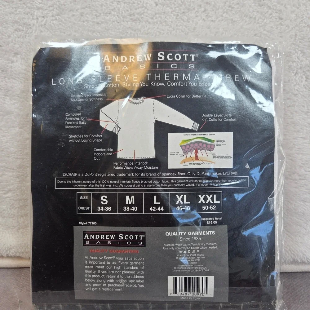Andrew Scott Mens Thermal Crew Neck Long Sleeve Top White XL 100% Cotton 77100